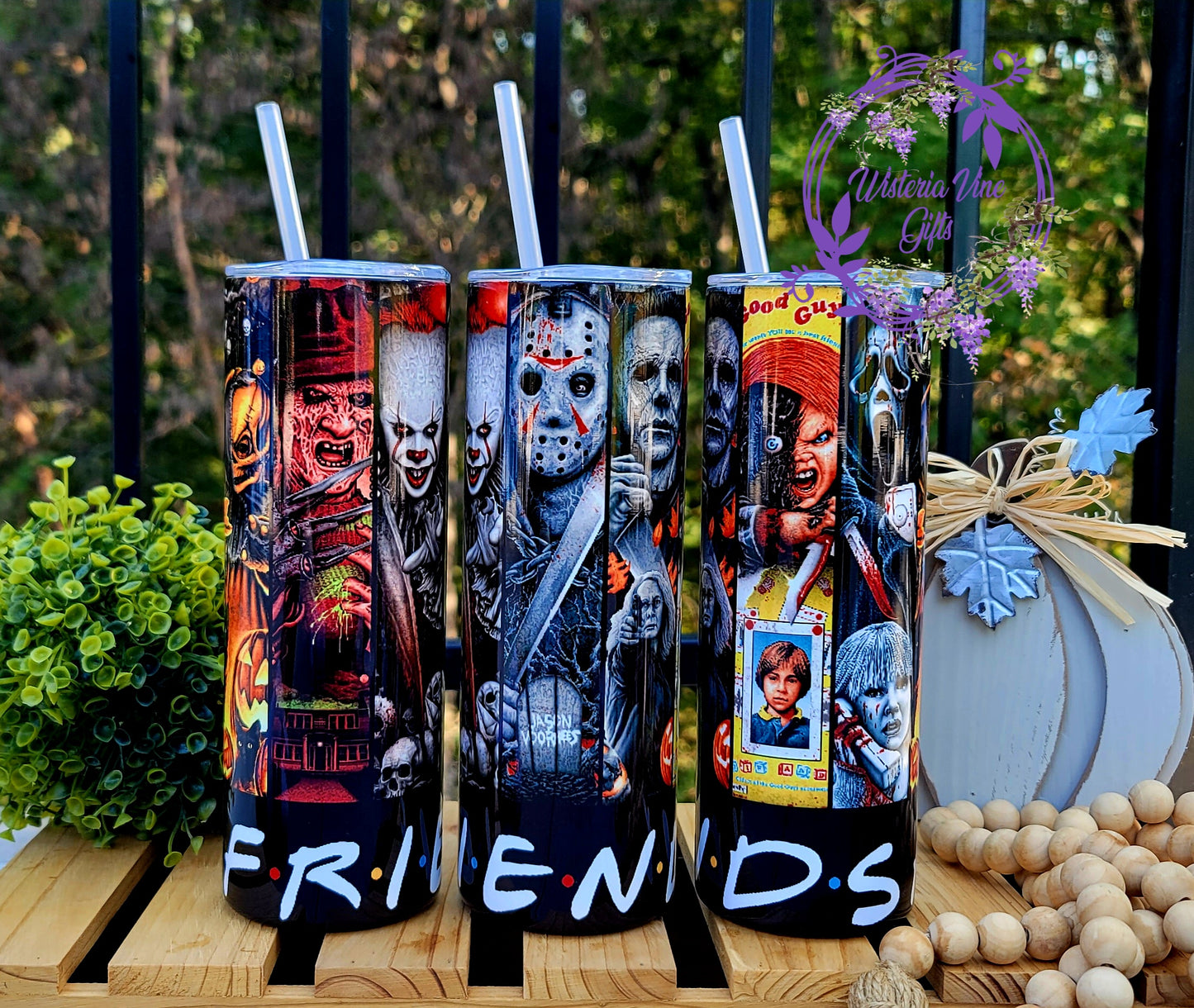 20oz FRIENDS Halloween Horror Movies Stainless Steel Double Walled Tumbler w/clear straw