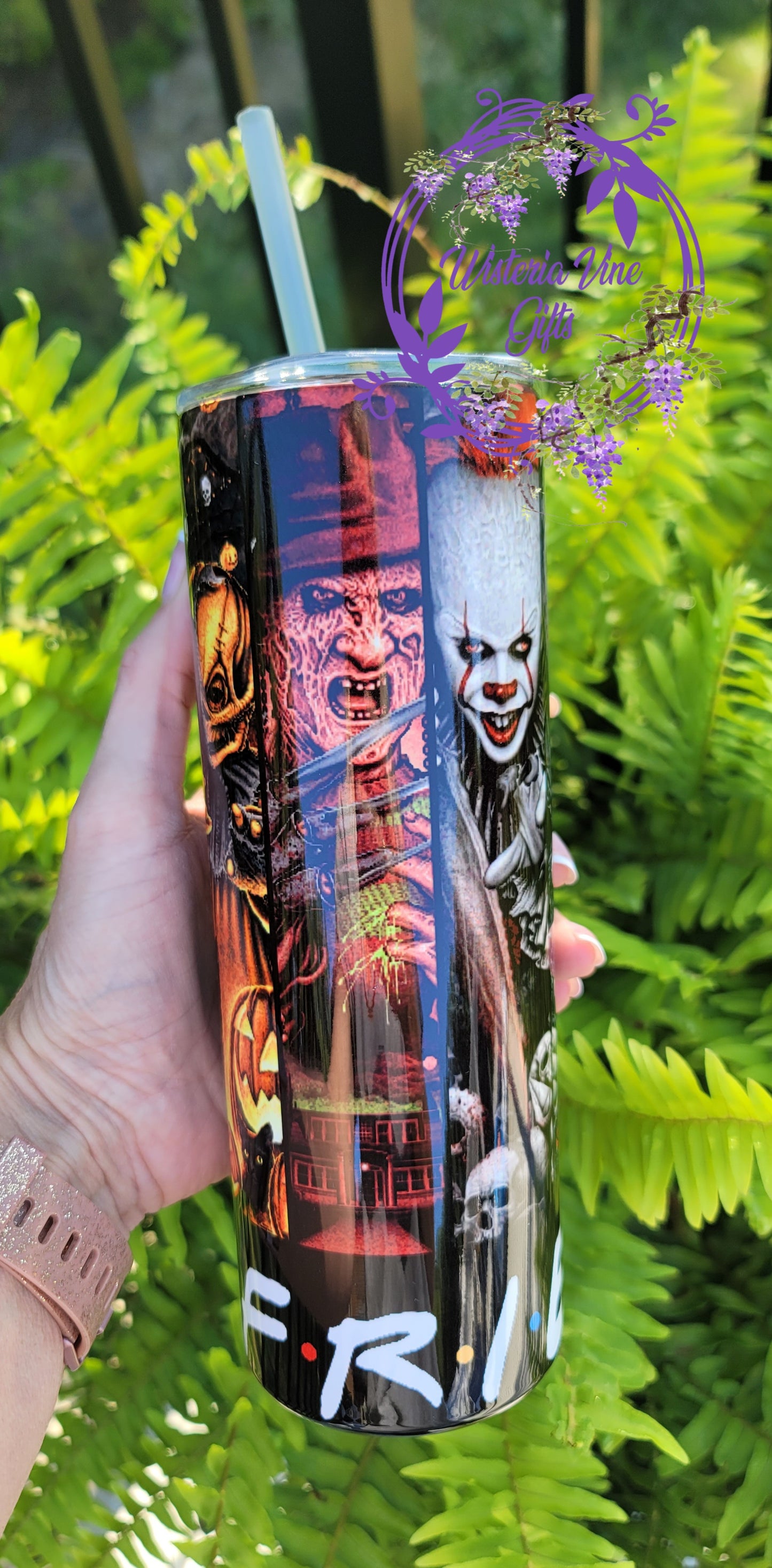 20oz FRIENDS Halloween Horror Movies Stainless Steel Double Walled Tumbler w/clear straw