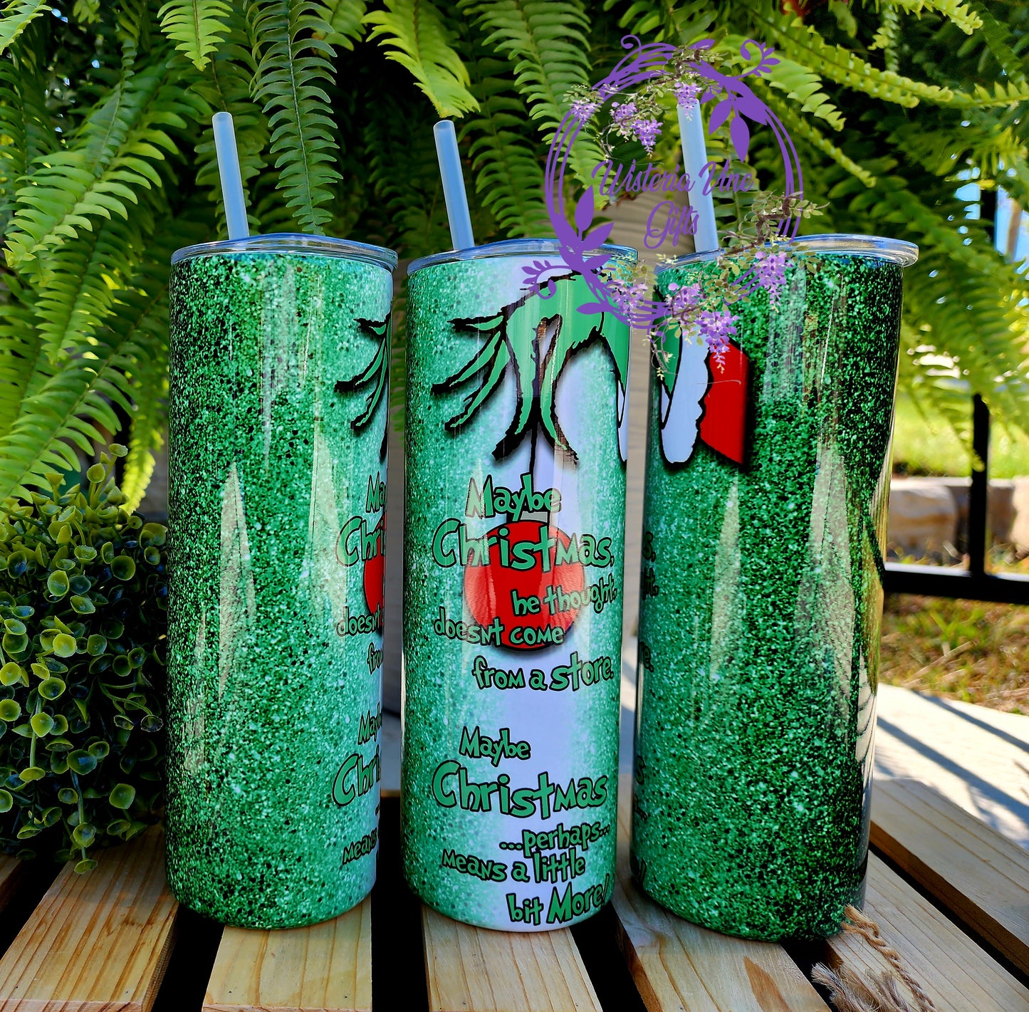 20oz Grinch Faux Glitter Stainless Steel Double Walled Tumbler w/clear straw