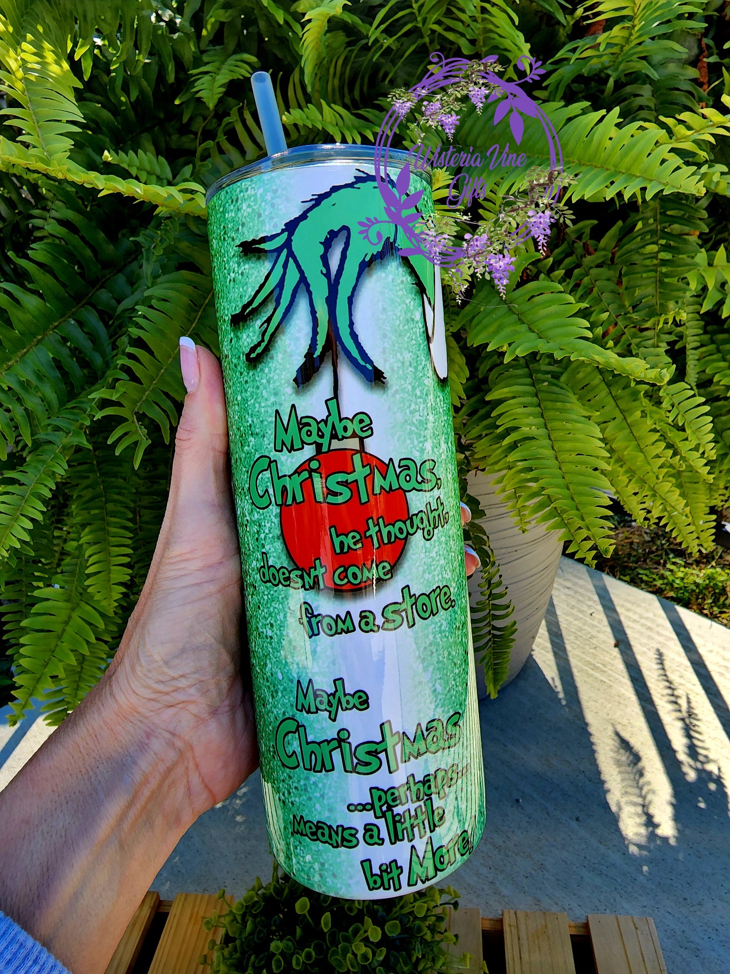 20oz Grinch Faux Glitter Stainless Steel Double Walled Tumbler w/clear straw
