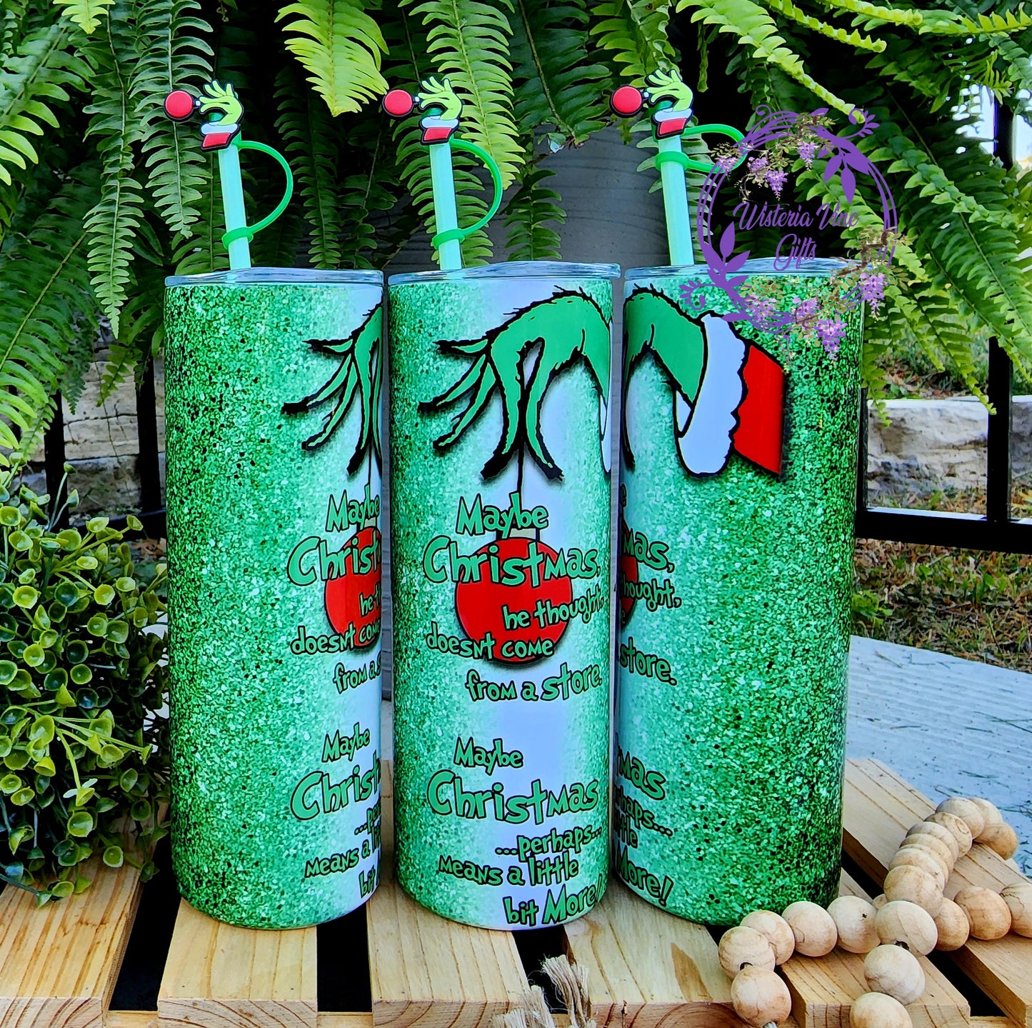 20oz Grinch Faux Glitter Stainless Steel Double Walled Tumbler with green straw & topper