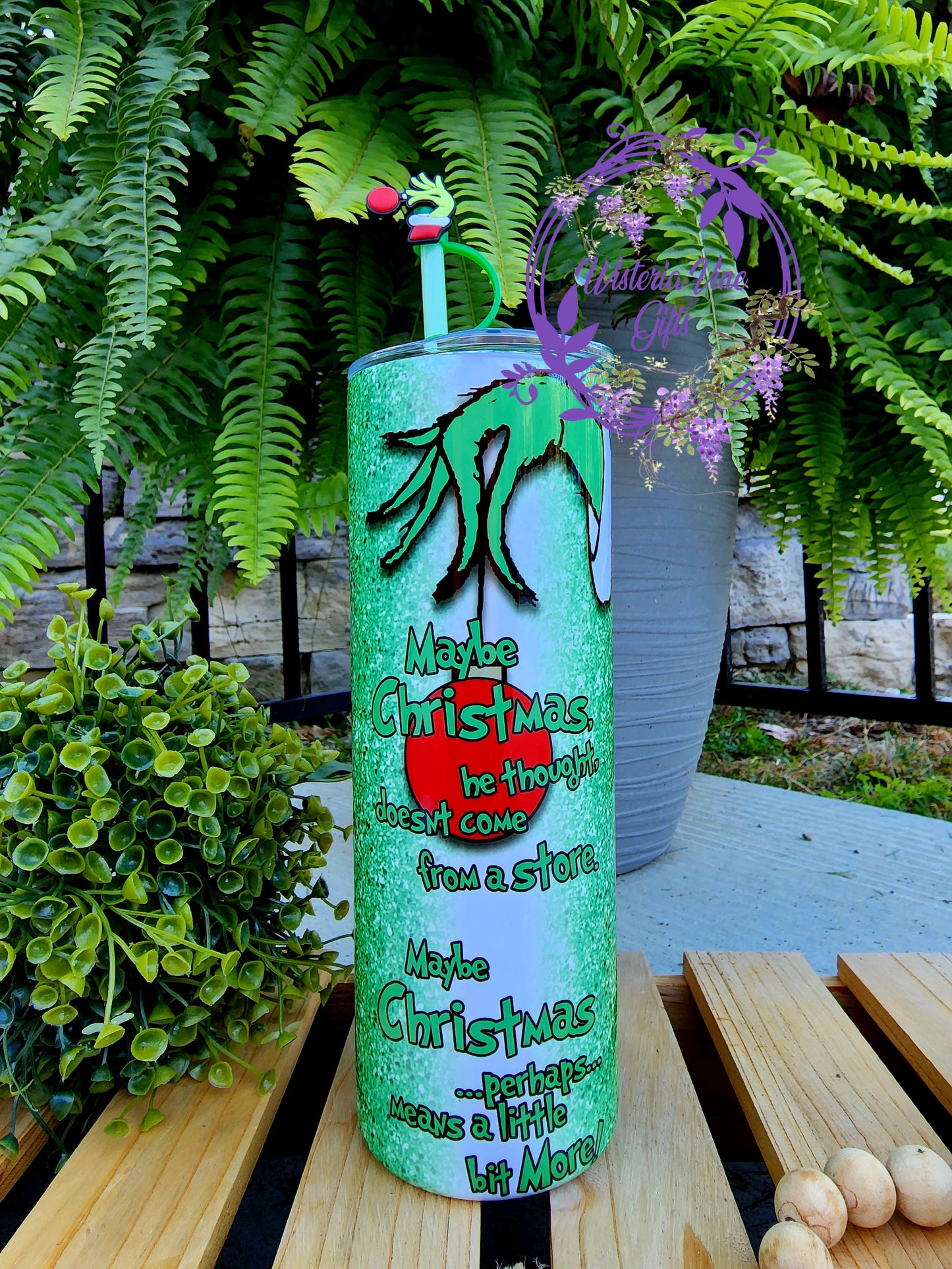 20oz Grinch Faux Glitter Stainless Steel Double Walled Tumbler with green straw & topper