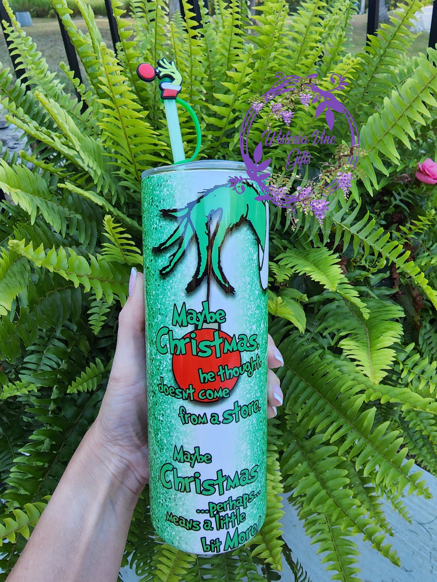 20oz Grinch Faux Glitter Stainless Steel Double Walled Tumbler with green straw & topper