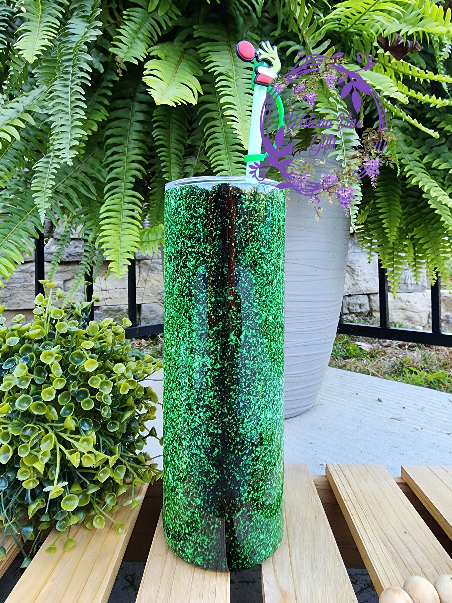 20oz Grinch Faux Glitter Stainless Steel Double Walled Tumbler with green straw & topper