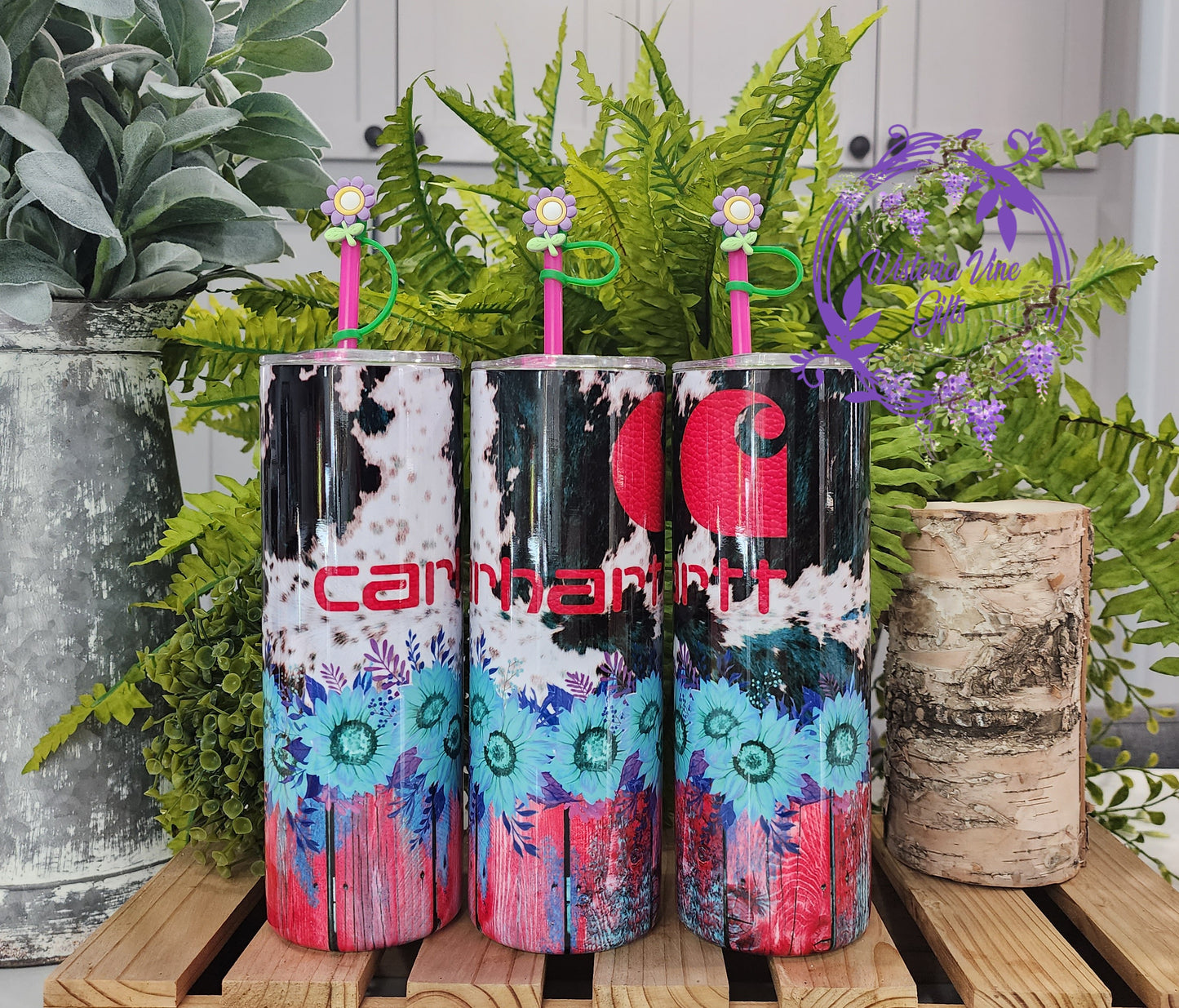20oz Pink Western Carhart Sunflowers Stainless Steel Double Walled Tumbler w/straw toopper