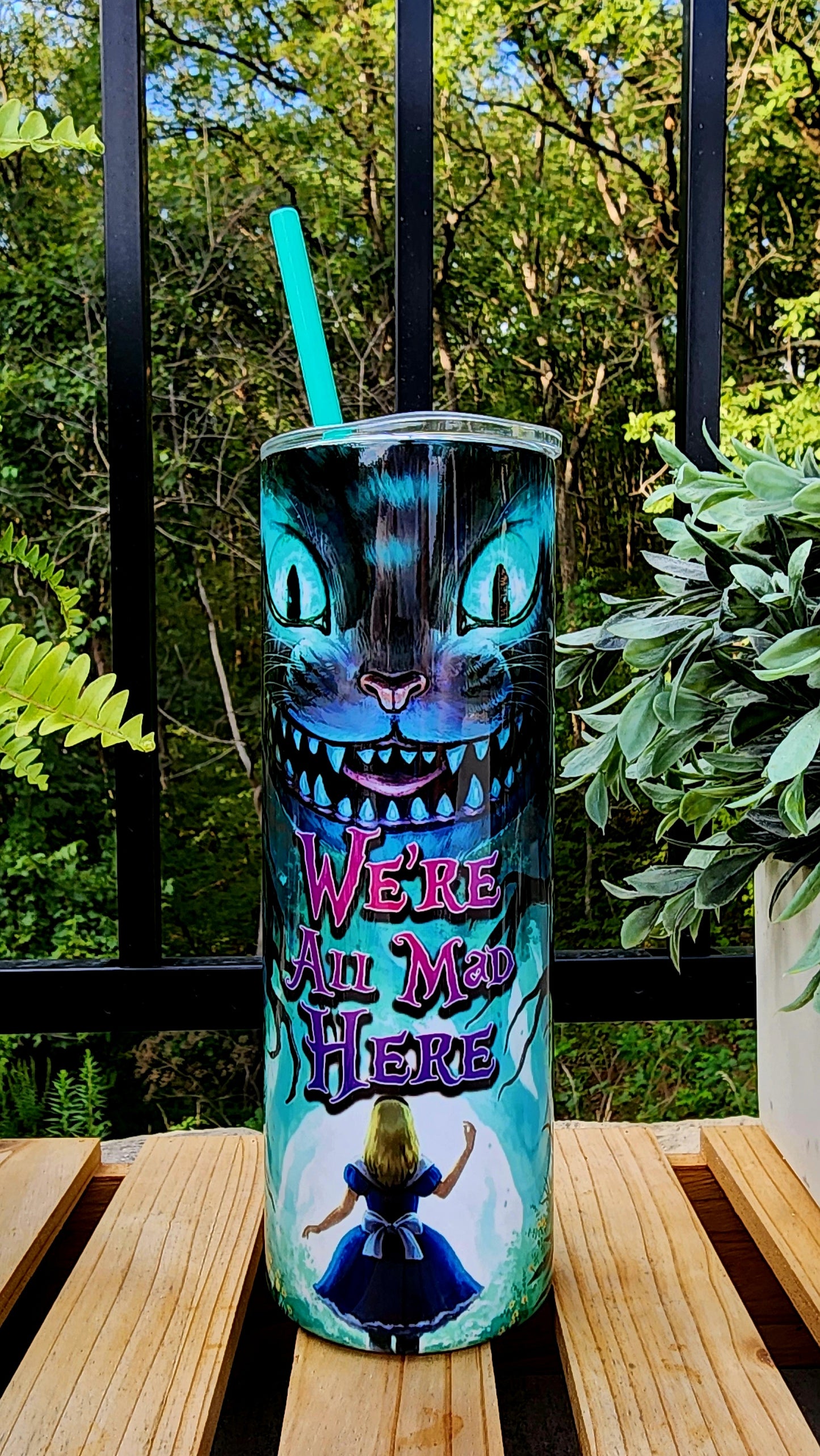 20oz We're All Mad Here Stainless-Steel Double Walled Tumbler with teal straw.