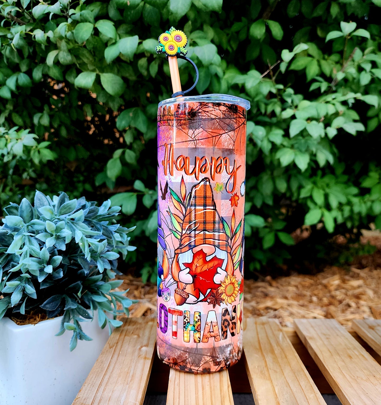 20oz Gnomes Hallothankmas Stainless Steel Double Walled Tumbler w/straw topper