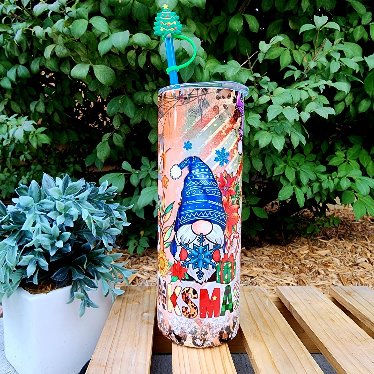 20oz Gnomes Hallothankmas Stainless Steel Double Walled Tumbler w/straw topper