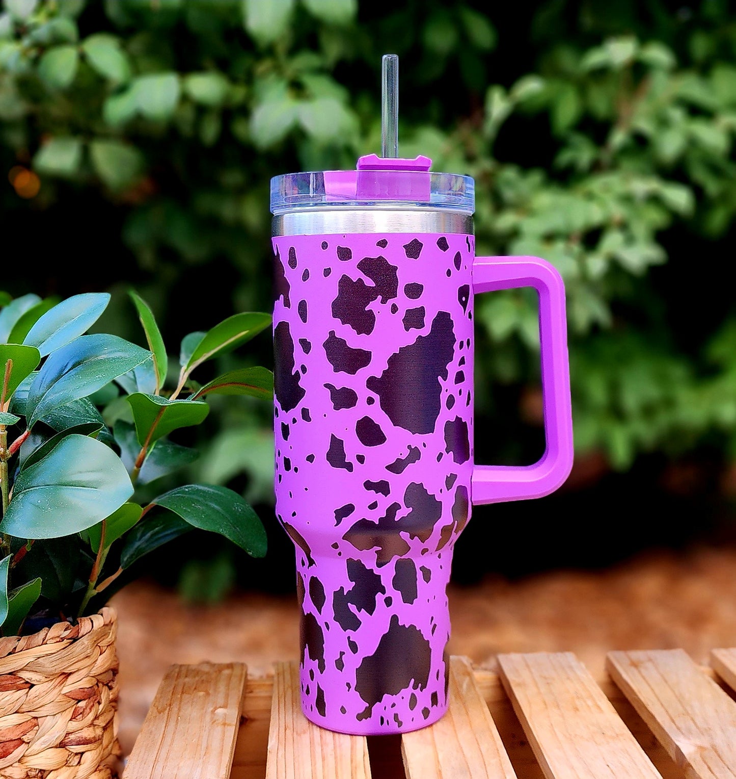 40oz Purple Cowhide Stainless Steel Double Walled Tumbler w/clear straw