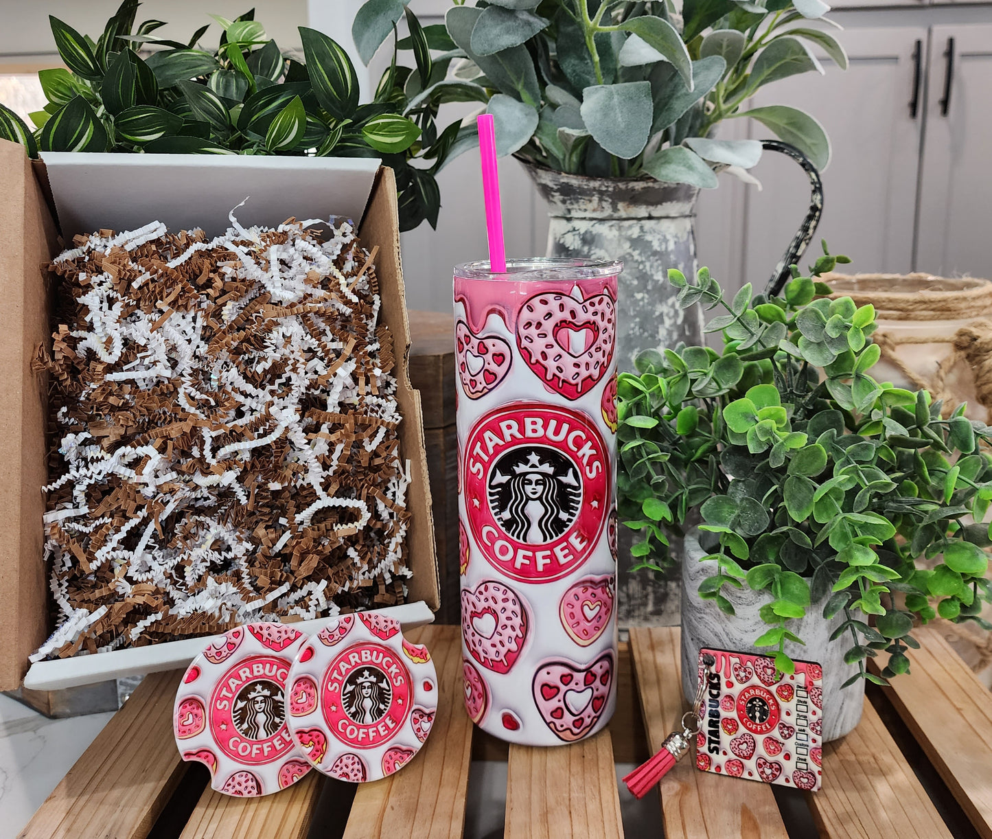 20oz Designer Coffee & Donut Hearts Gift Box Set (Tumbler, Coasters & Keychain)