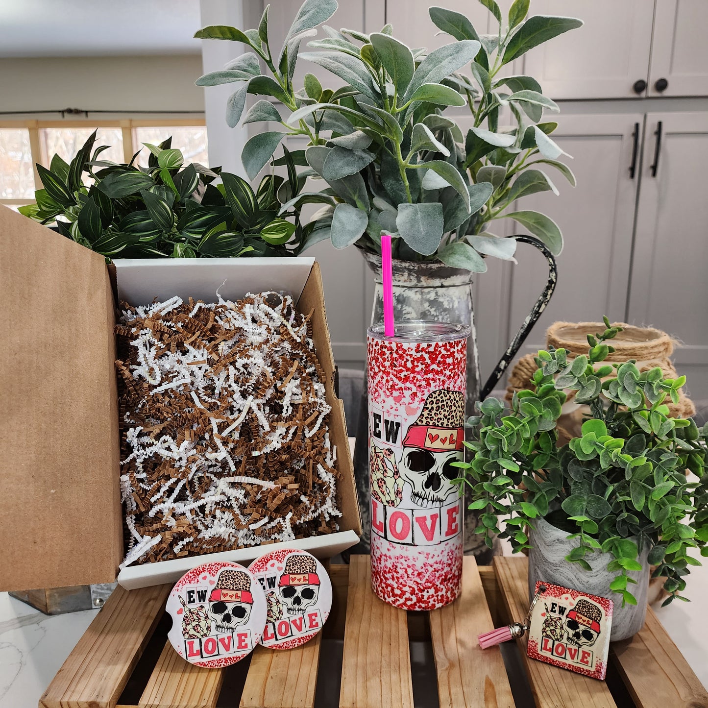 20oz EW LOVE, Valentine Gift Box Set (Tumbler, Car Coasters & Keychain)