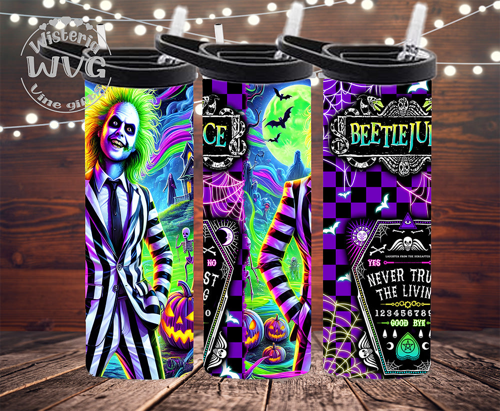 20oz Beetlejuice Neon Blue Stainless Steel Double Walled Tumbler w/clear straw