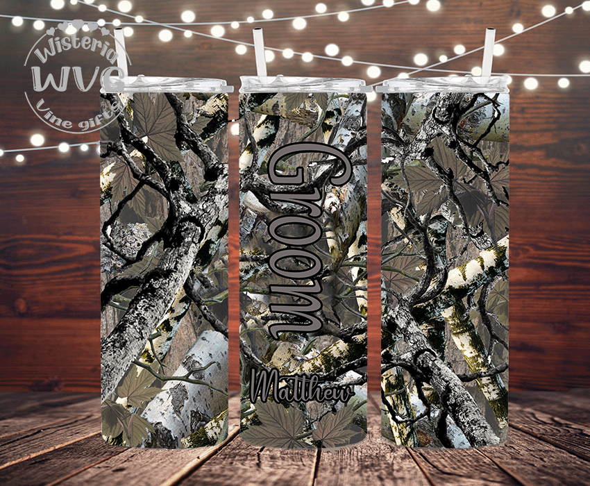 20oz Green Camo Groom Personalized Stainless Steel Double Walled Tumber w/clear straw