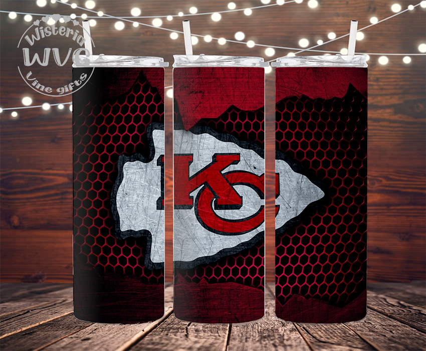 20oz KC Football, Chiefs Red Metal Stainless Steel Double Walled Tumbler w/clear straw