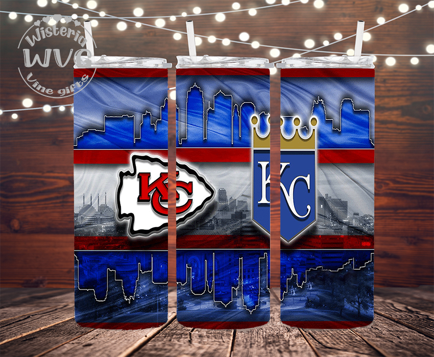 20oz Kansas City Sports, Football, Baseball Stainless Steel Double Walled Tumbler w/clear straw