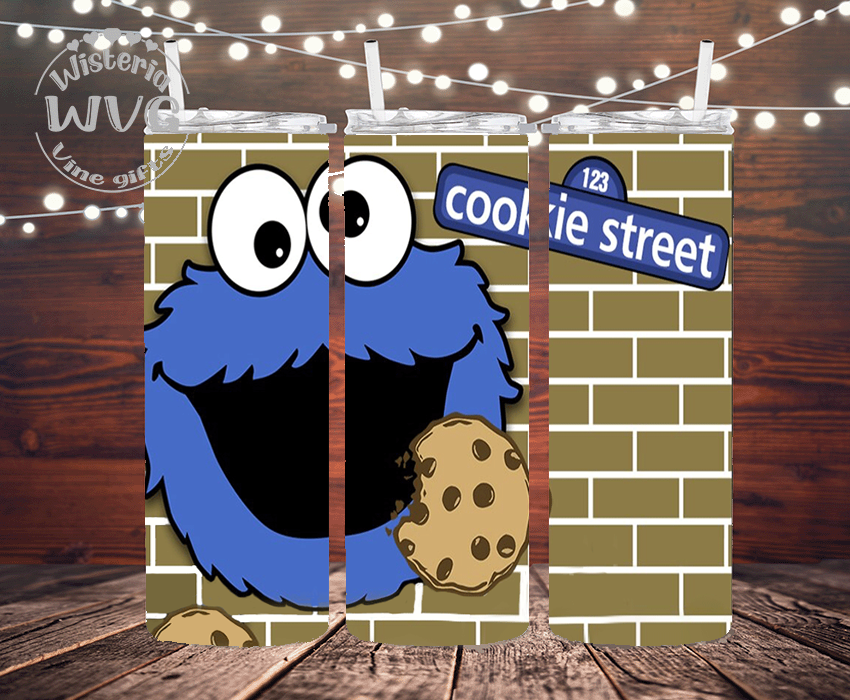 20oz Cookie Monster, Cookie Street Stainless Steel Double Walled Tumbler w/clear straw