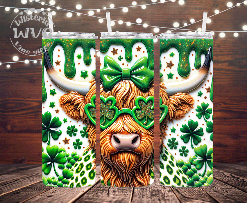 Cool Heifer St Patrick's Day Faux Glitter Stainless Steel Double Walled Tumbler w/clear straw