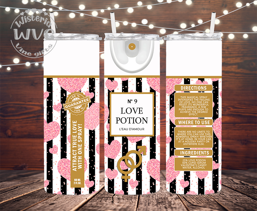 20oz Love Potion No 9, Valentines, Faux Glitter Pink Stainless Steel Double Walled Tumbler