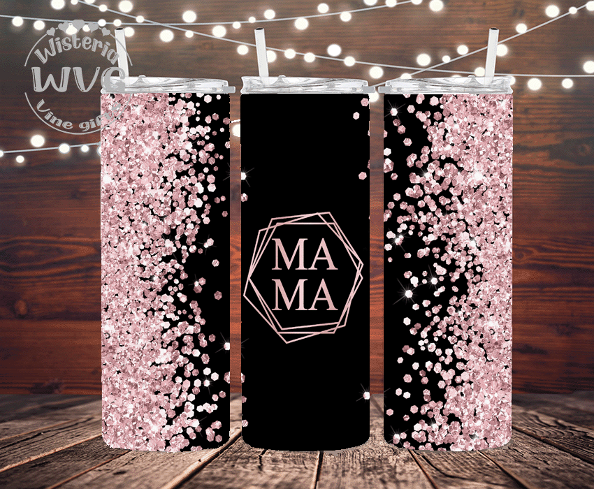 20oz MAMA Black & Pink faux Glitter Stainless Steel Double Walled Tumbler w/clear straw