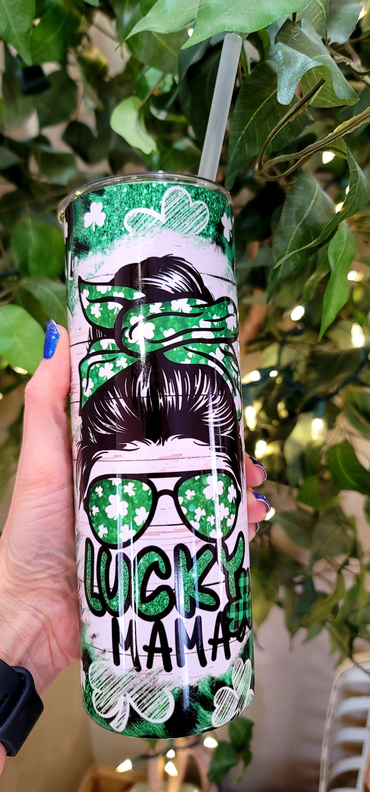 30oz St Patrick's Day Lucky Mama Stainless Steel Double Walled Tumbler (w/clear straw)