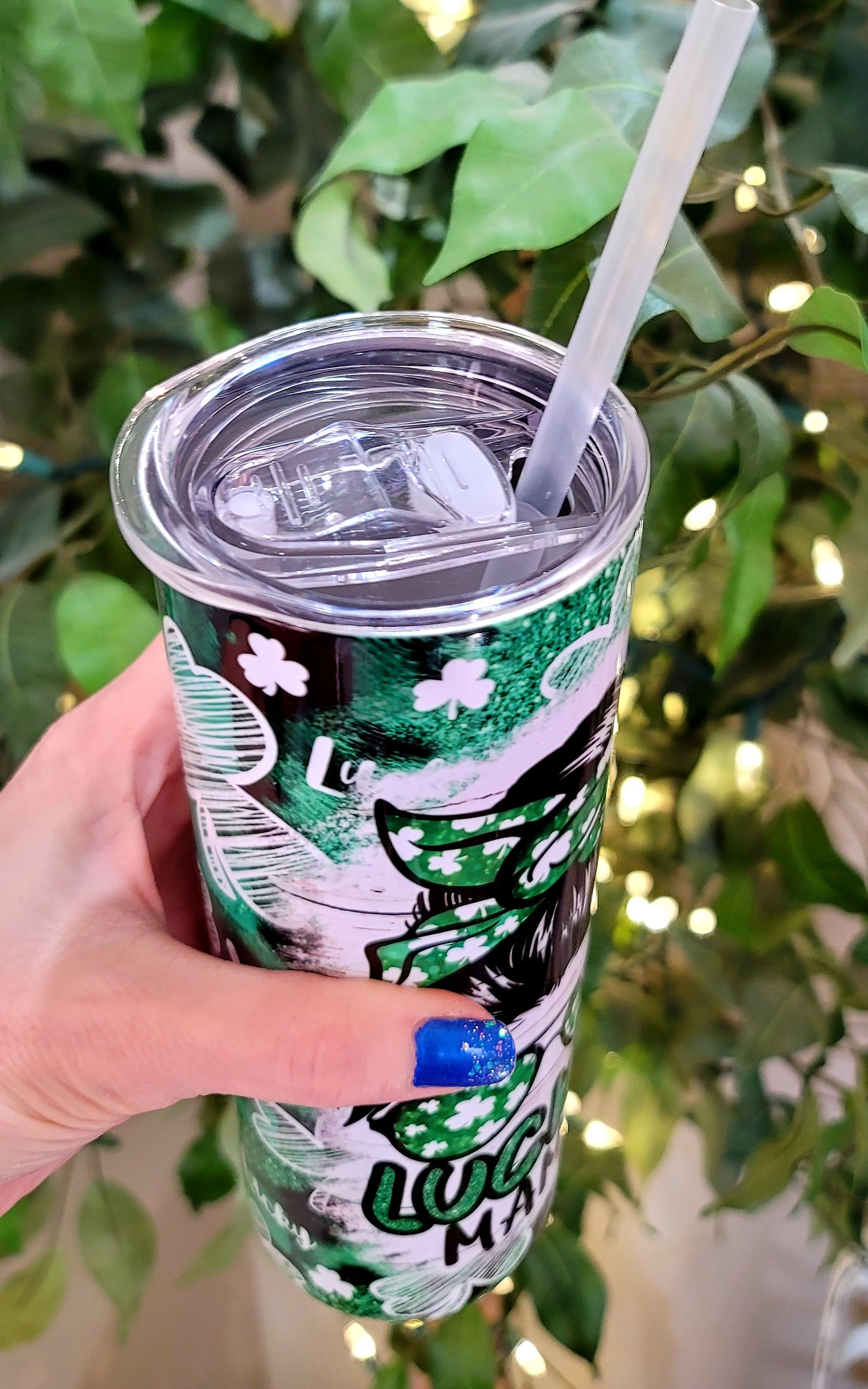 30oz St Patrick's Day Lucky Mama Stainless Steel Double Walled Tumbler (w/clear straw)