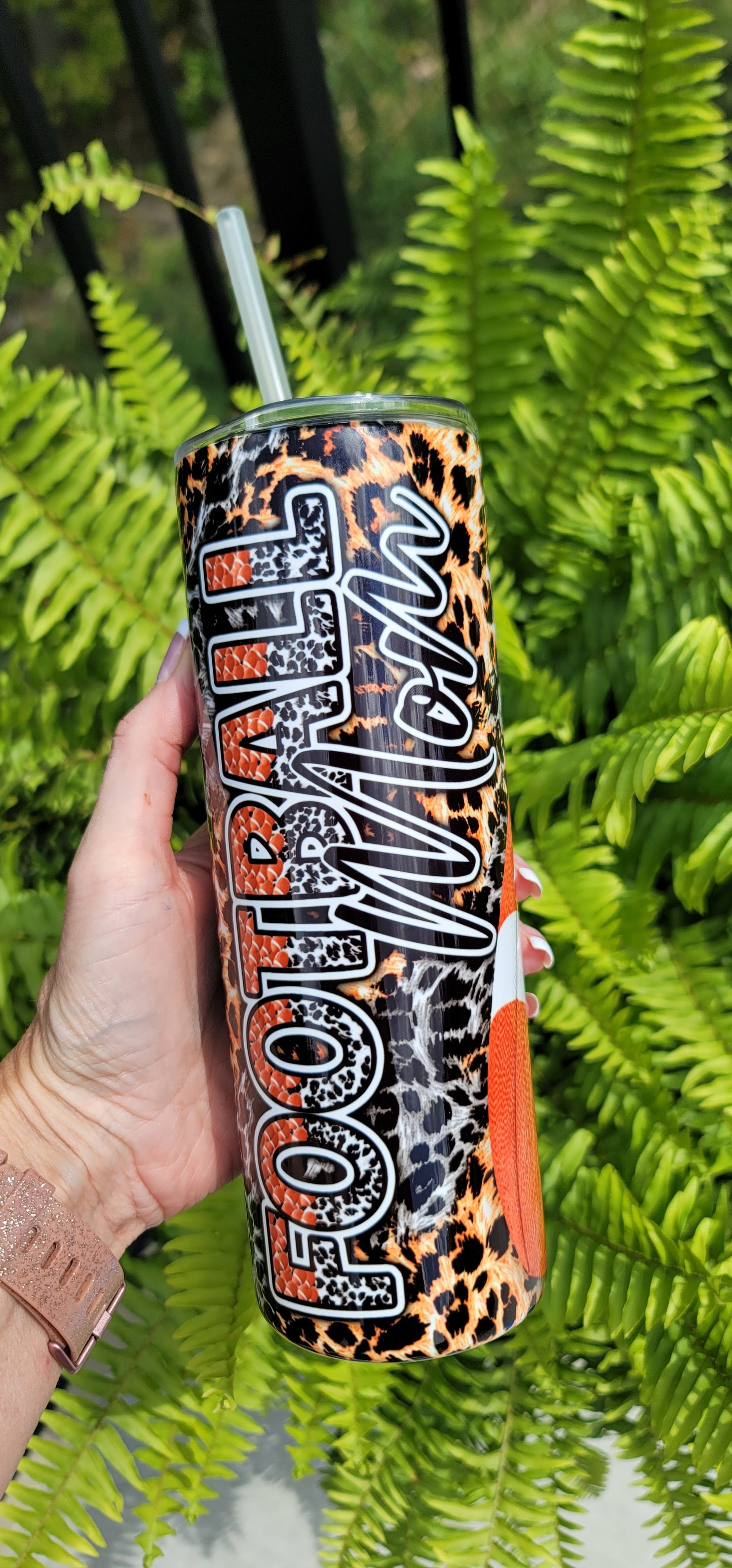 20oz Football Mom Leopard/Cheetah Stainless Steel Double Walled Tumbler (w/clear straw)