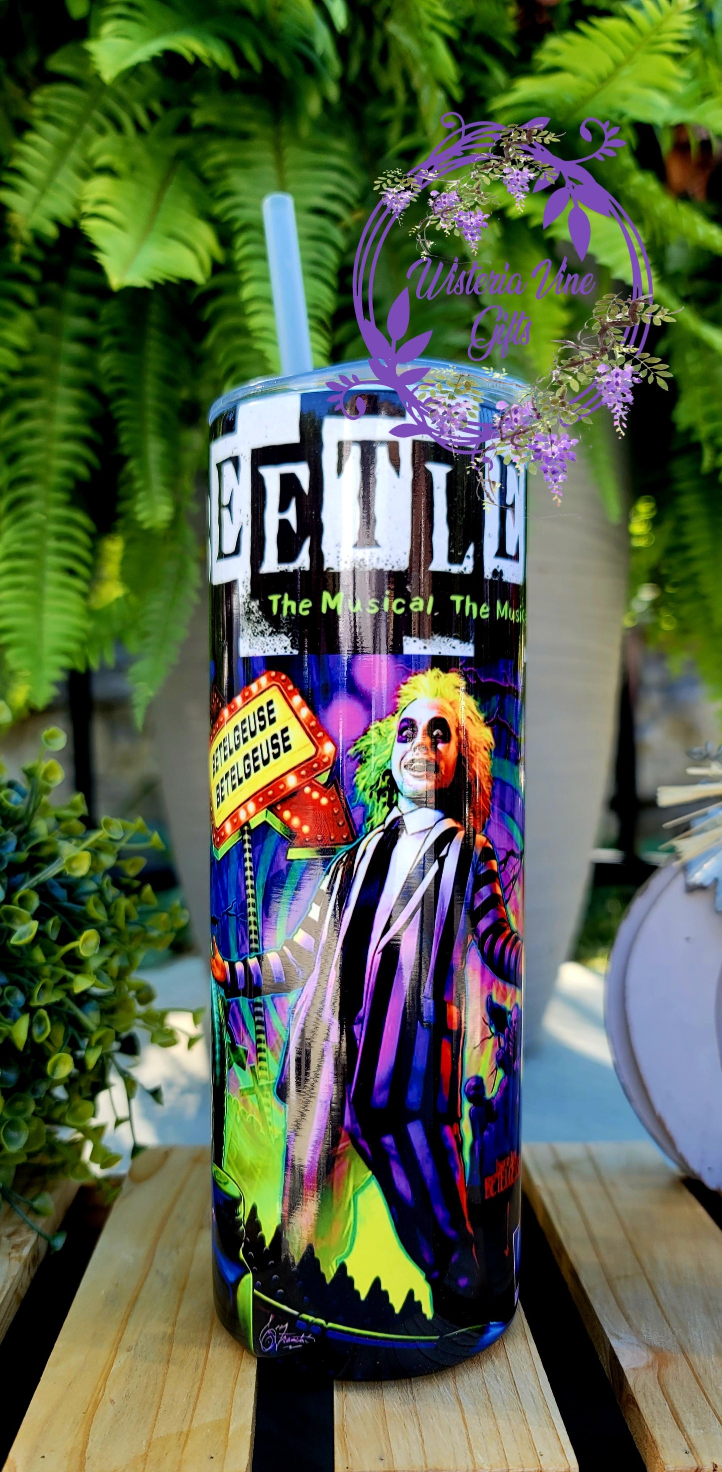 20oz Beetlejuice Stainless Steel Double Walled Tumbler (w/clear plastic straw)