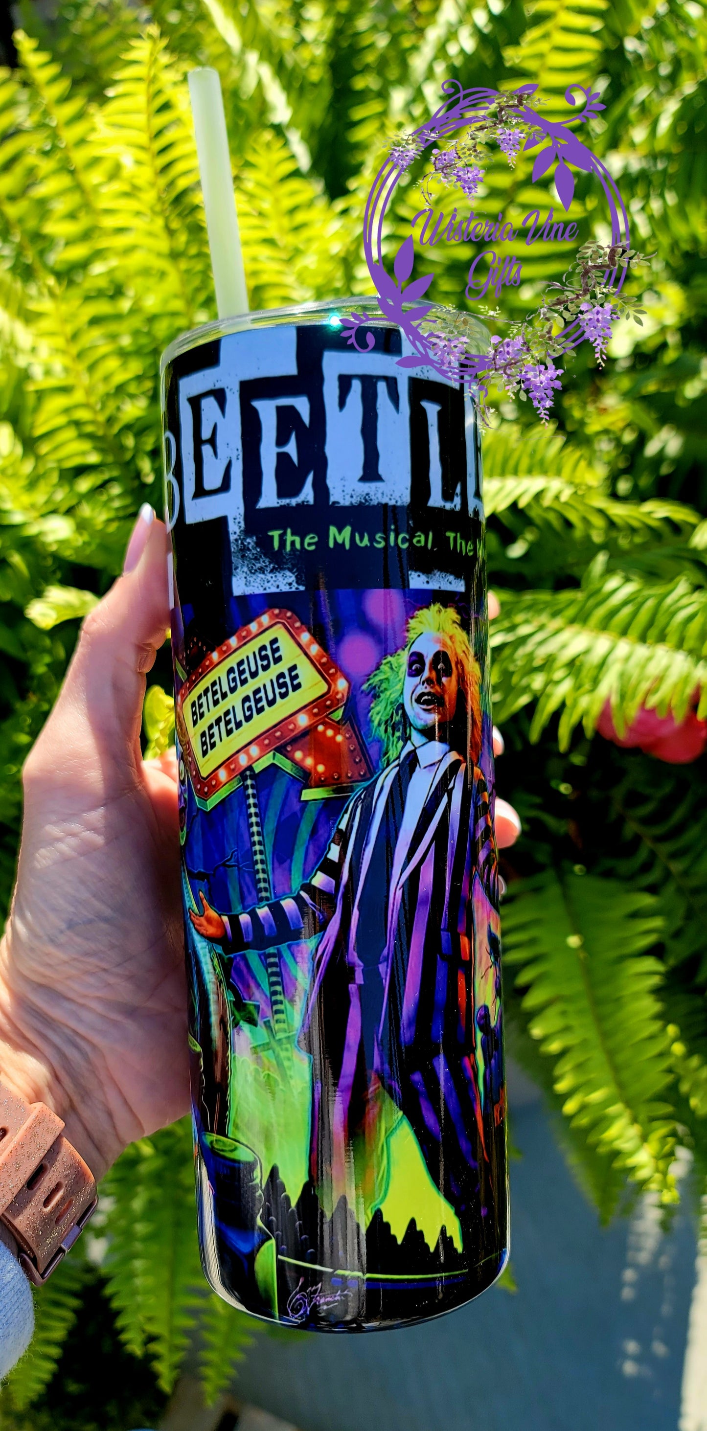 20oz Beetlejuice Stainless Steel Double Walled Tumbler (w/clear plastic straw)
