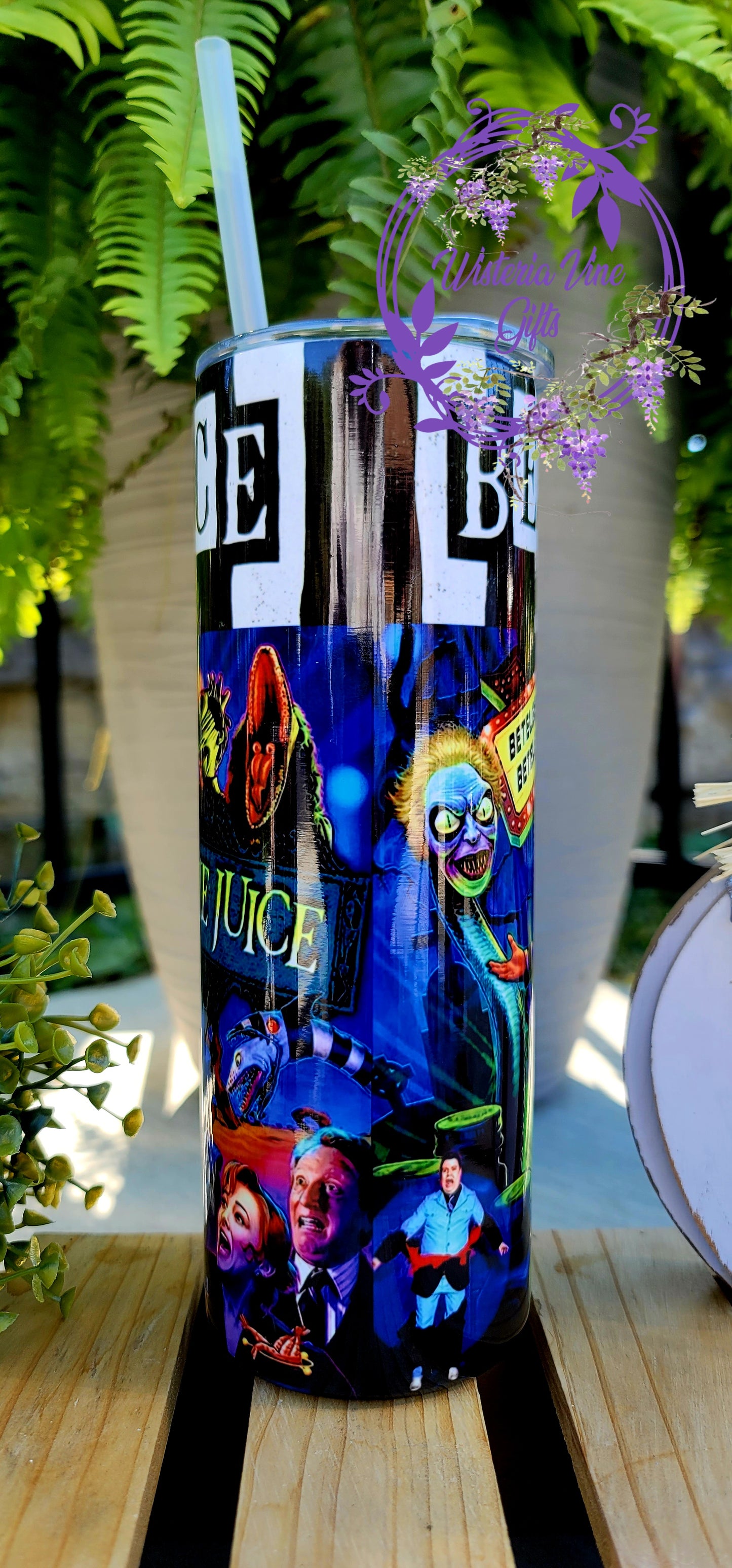 20oz Beetlejuice Stainless Steel Double Walled Tumbler (w/clear plastic straw)