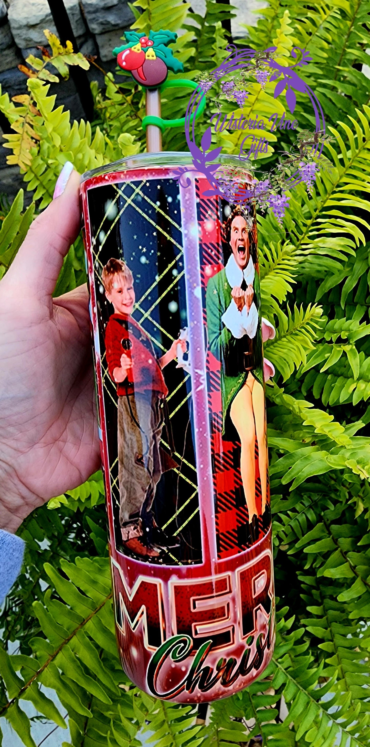 20oz Merry Christmas Red Plaid, Christmas Movie Favorites Stainless Steel Double Walled Tumbler, Grinch, Elf (w/Purple straw & ornament topper)