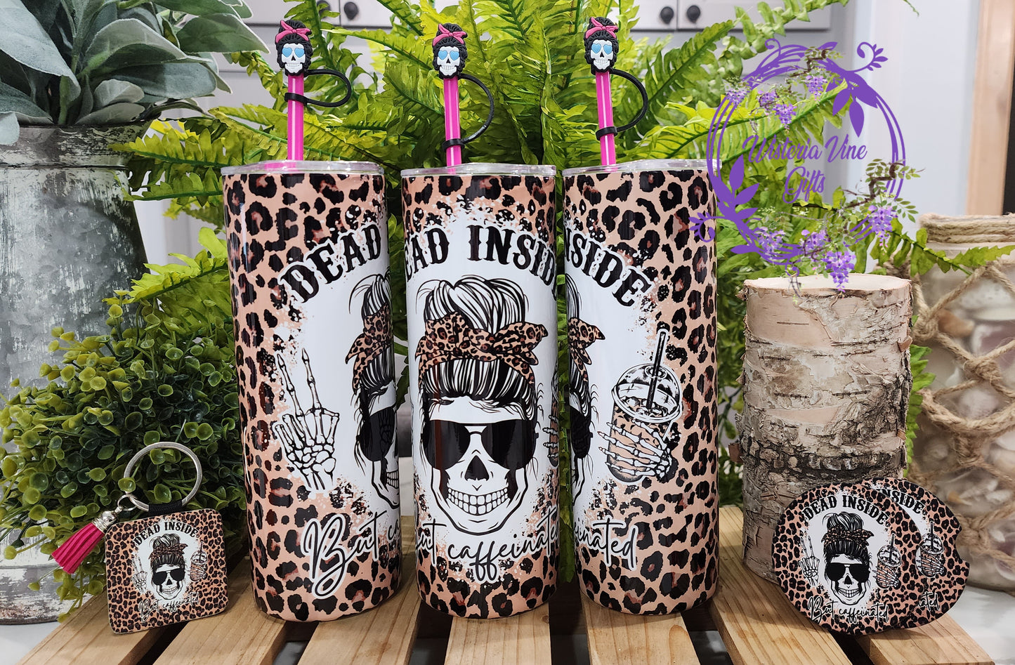 20oz Dead Inside but Caffeinated Gift Set (w/pink straw & topper, Keychain and 2 ceramic coaster)