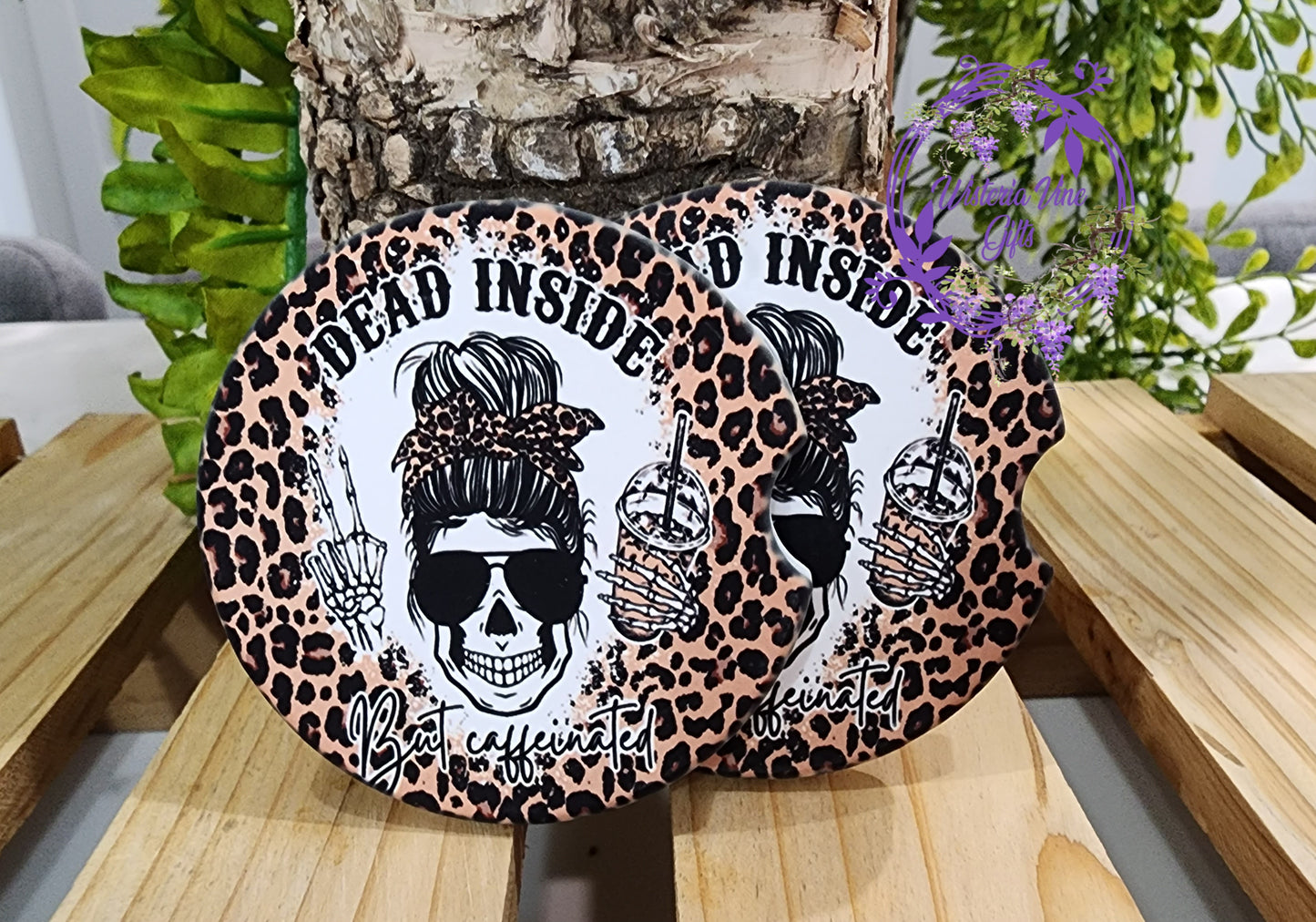 20oz Dead Inside but Caffeinated Gift Set (w/pink straw & topper, Keychain and 2 ceramic coaster)