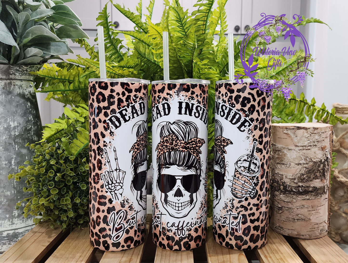 20oz Dead Inside but Caffeinated Stainless Steel Double Walled Tumbler (w/clear plastic straw)