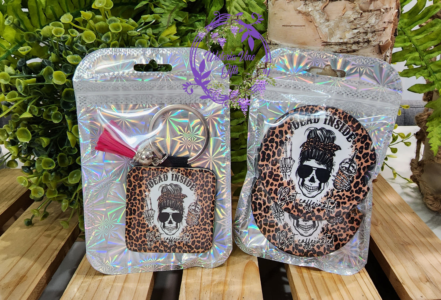 20oz Dead Inside but Caffeinated Gift Set (w/pink straw & topper, Keychain and 2 ceramic coaster)