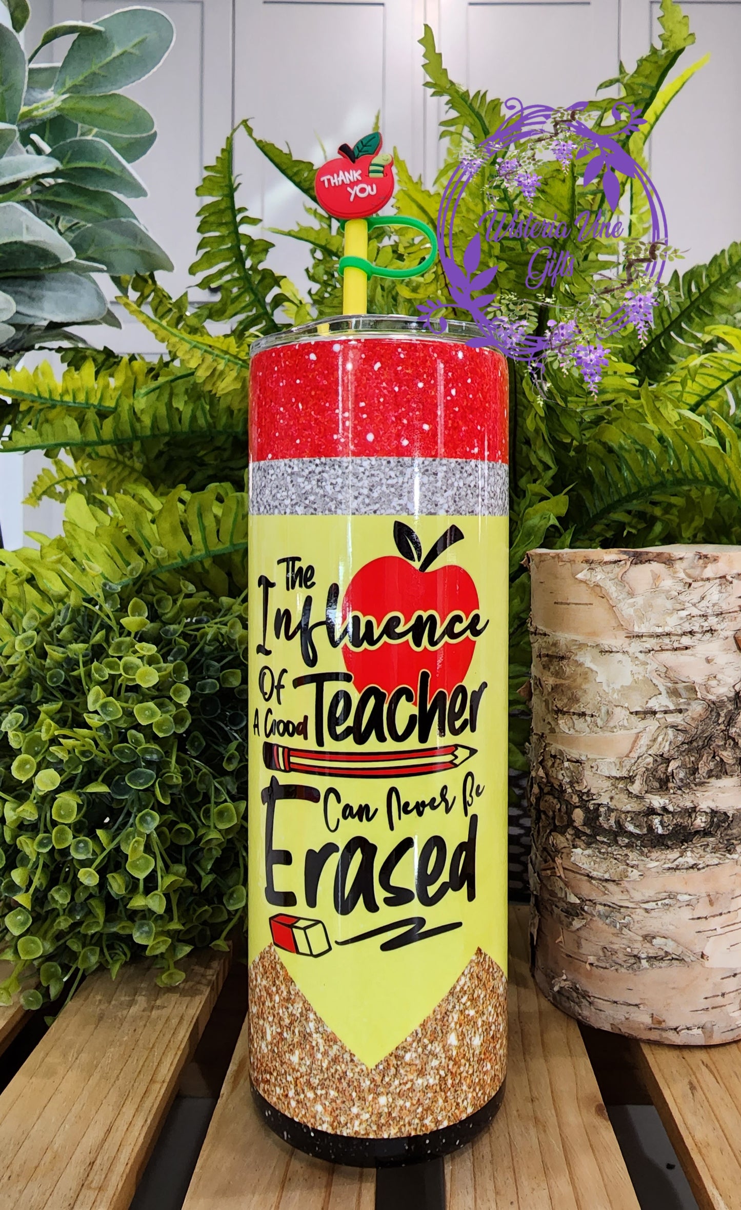 20oz The Influence of a Good Teacher Stainless Steel Double Walled Tumbler (w/yellow straw and apple topper)