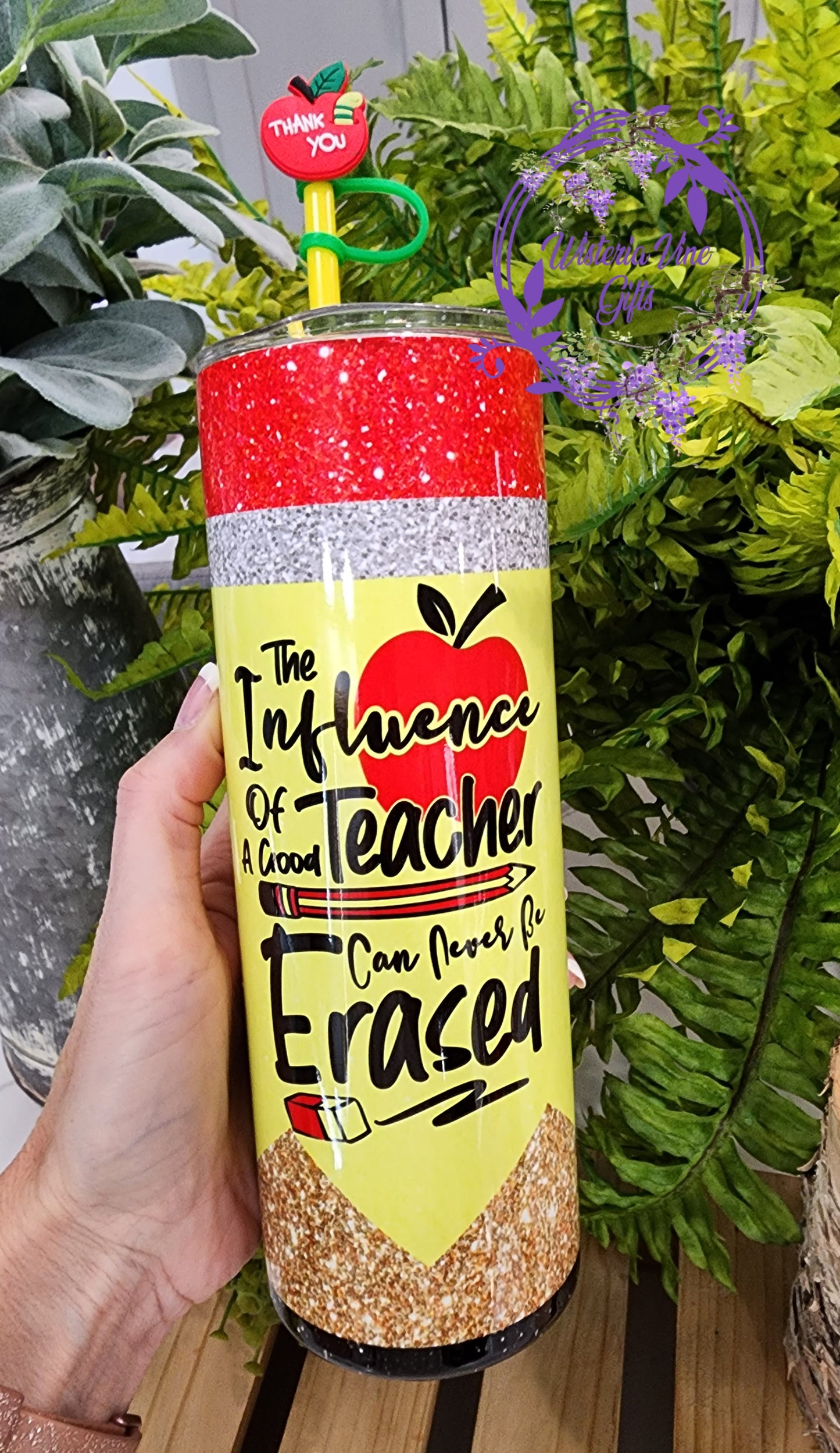20oz The Influence of a Good Teacher Stainless Steel Double Walled Tumbler (w/yellow straw and apple topper)