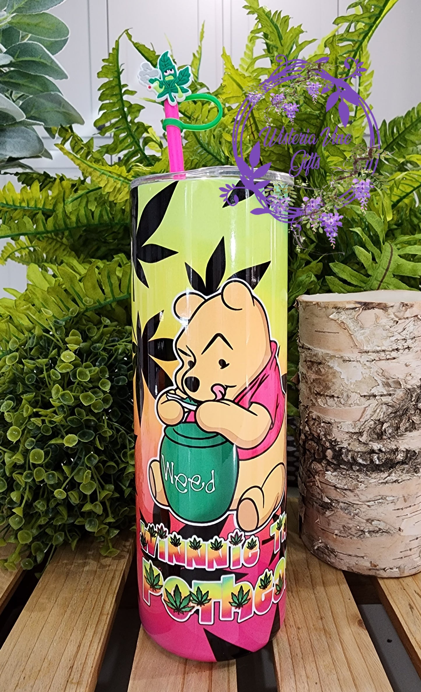 20oz Winnie The Pothead Stainless Steel Double Walled Tumbler (w/pink straw and topper)