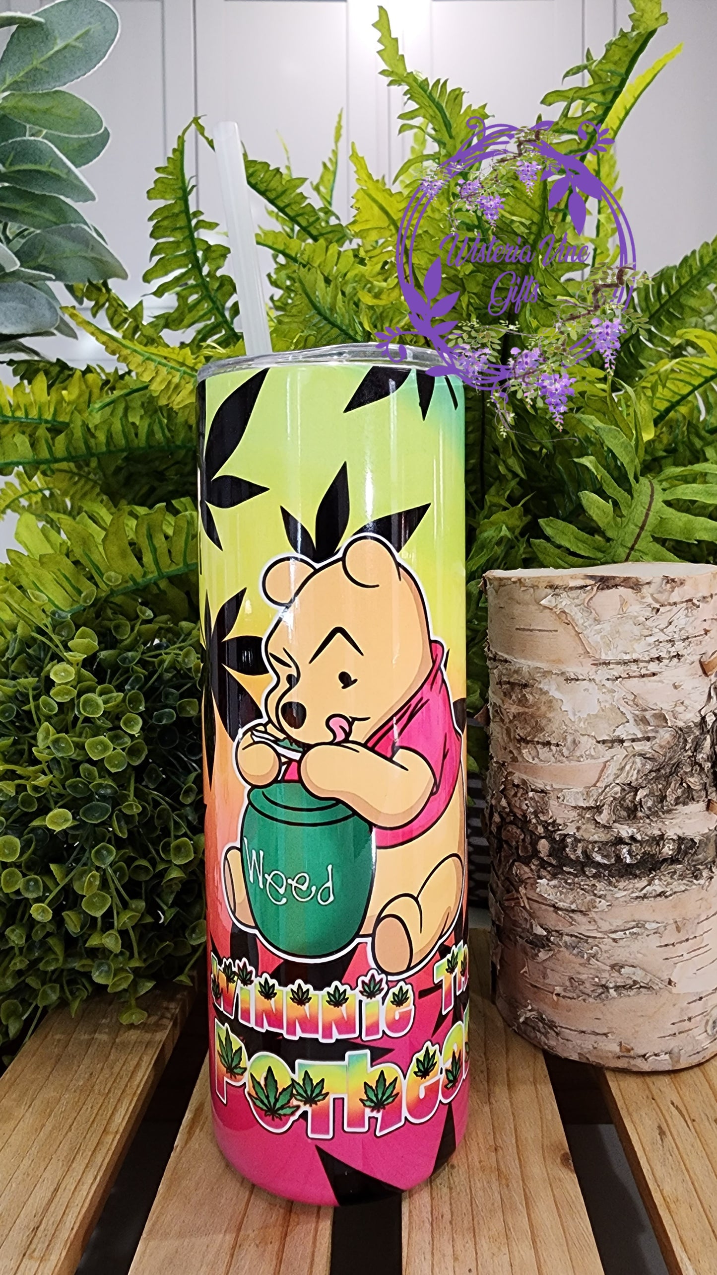 20oz Winnie The Pot Head Stainless Steel Double Walled Tumbler (w/clear plastic straw)