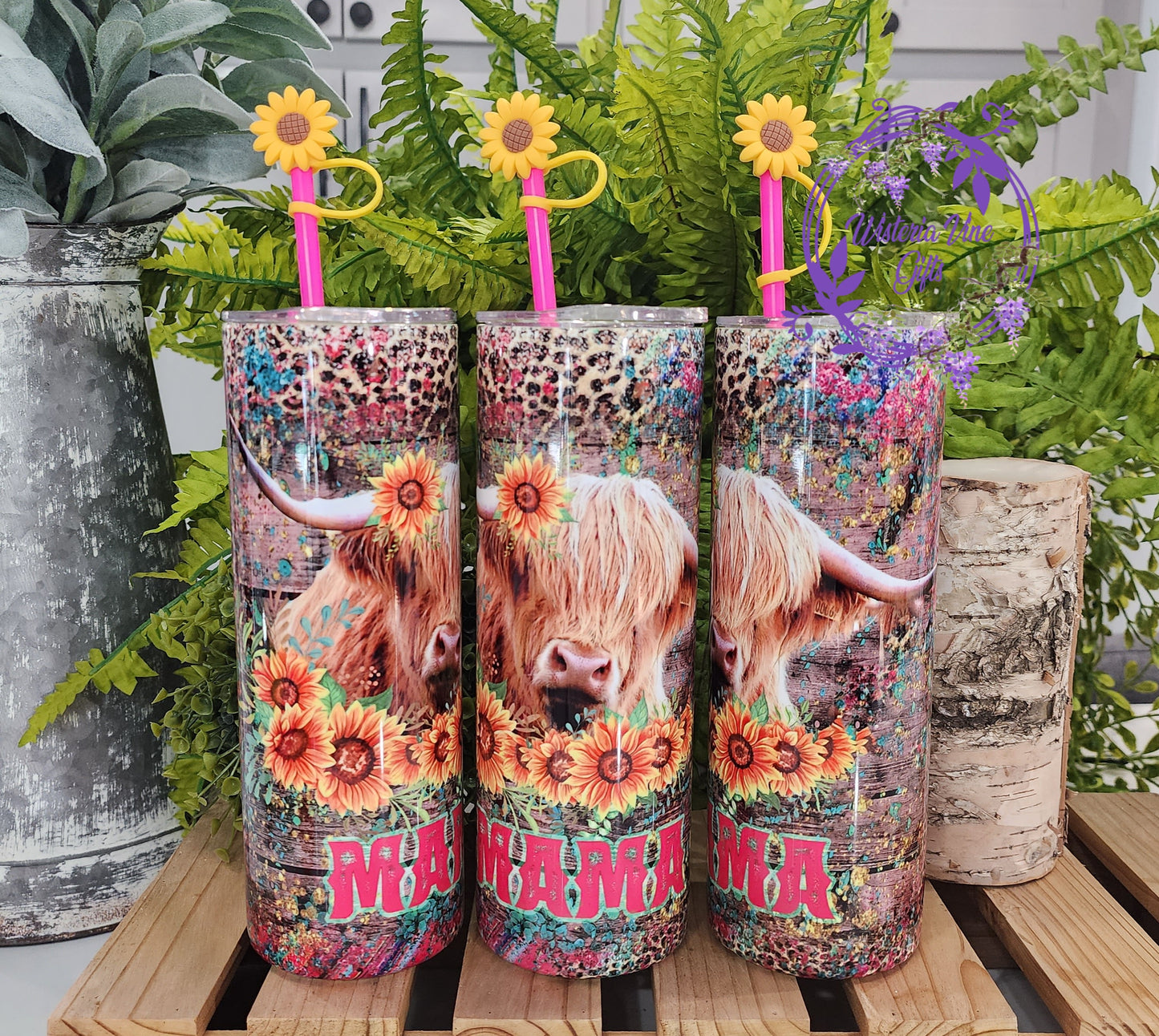 20oz MAMA Highland Cow Stainless Steel Double Walled Tumbler (w/pink straw and topper)