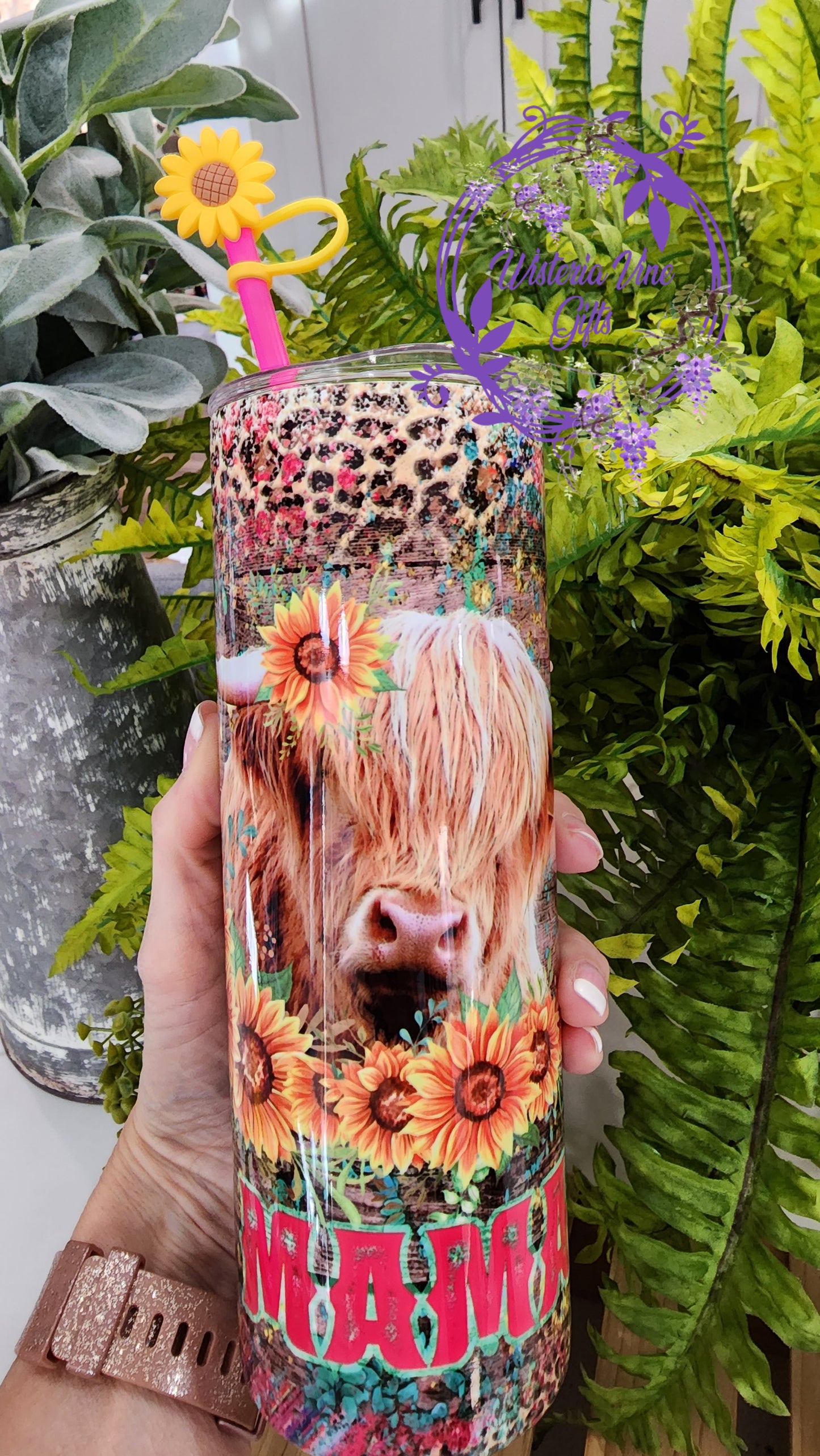 20oz MAMA Highland Cow Stainless Steel Double Walled Tumbler (w/pink straw and topper)
