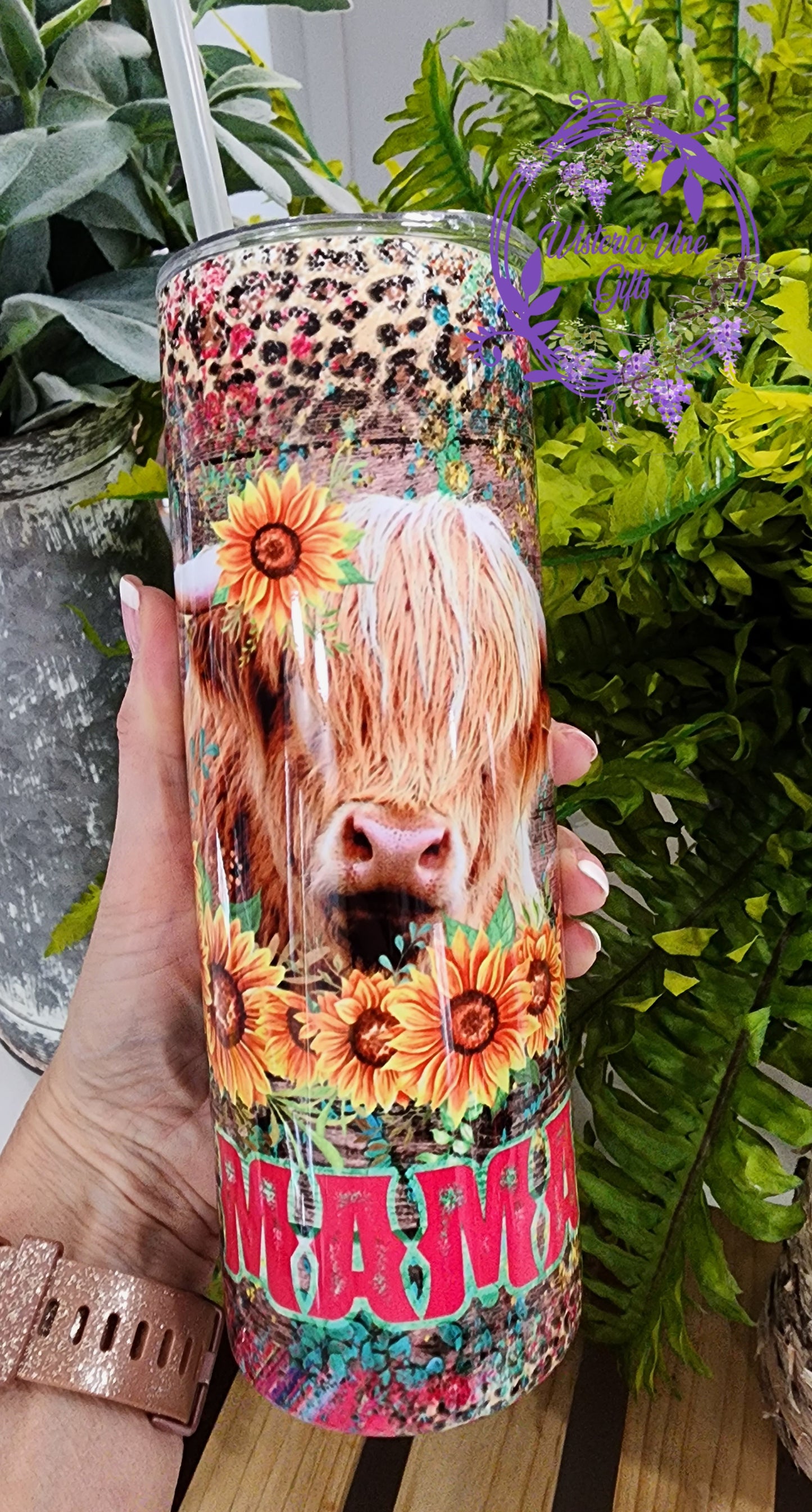 20oz MAMA Highland Cow Stainless Steel Double Walled Tumbler (w/clear plastic straw)