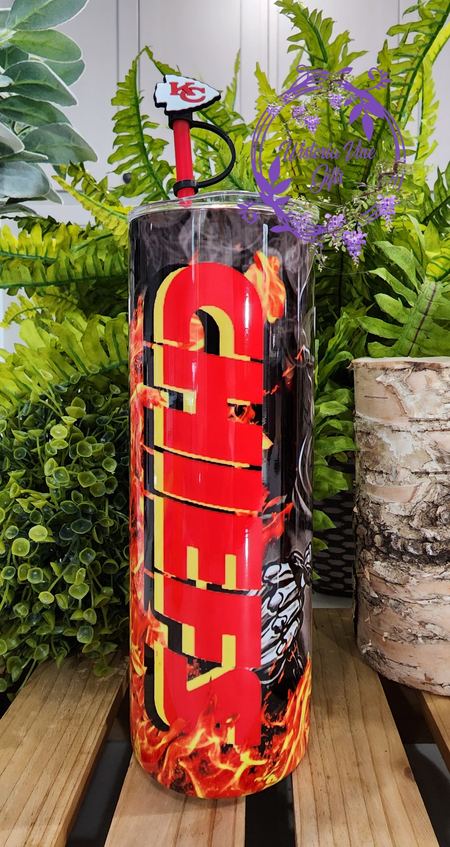 20oz Chiefs Football Stainless Steel Double Walled Tumbler (w/red straw and topper)