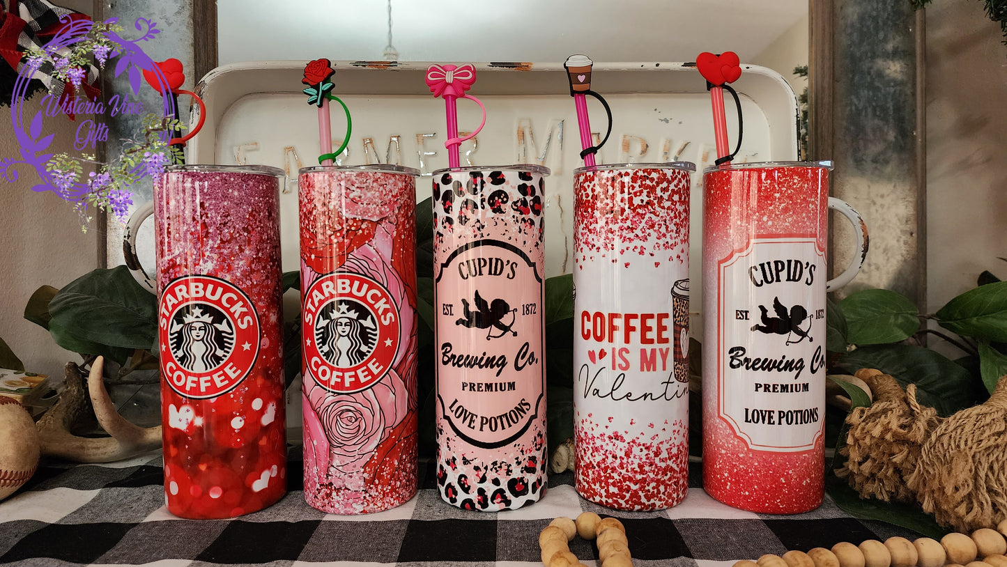 20oz Valentine's Stainless Steel Double Walled Tumbler (w/colored straw & topper) You Choose