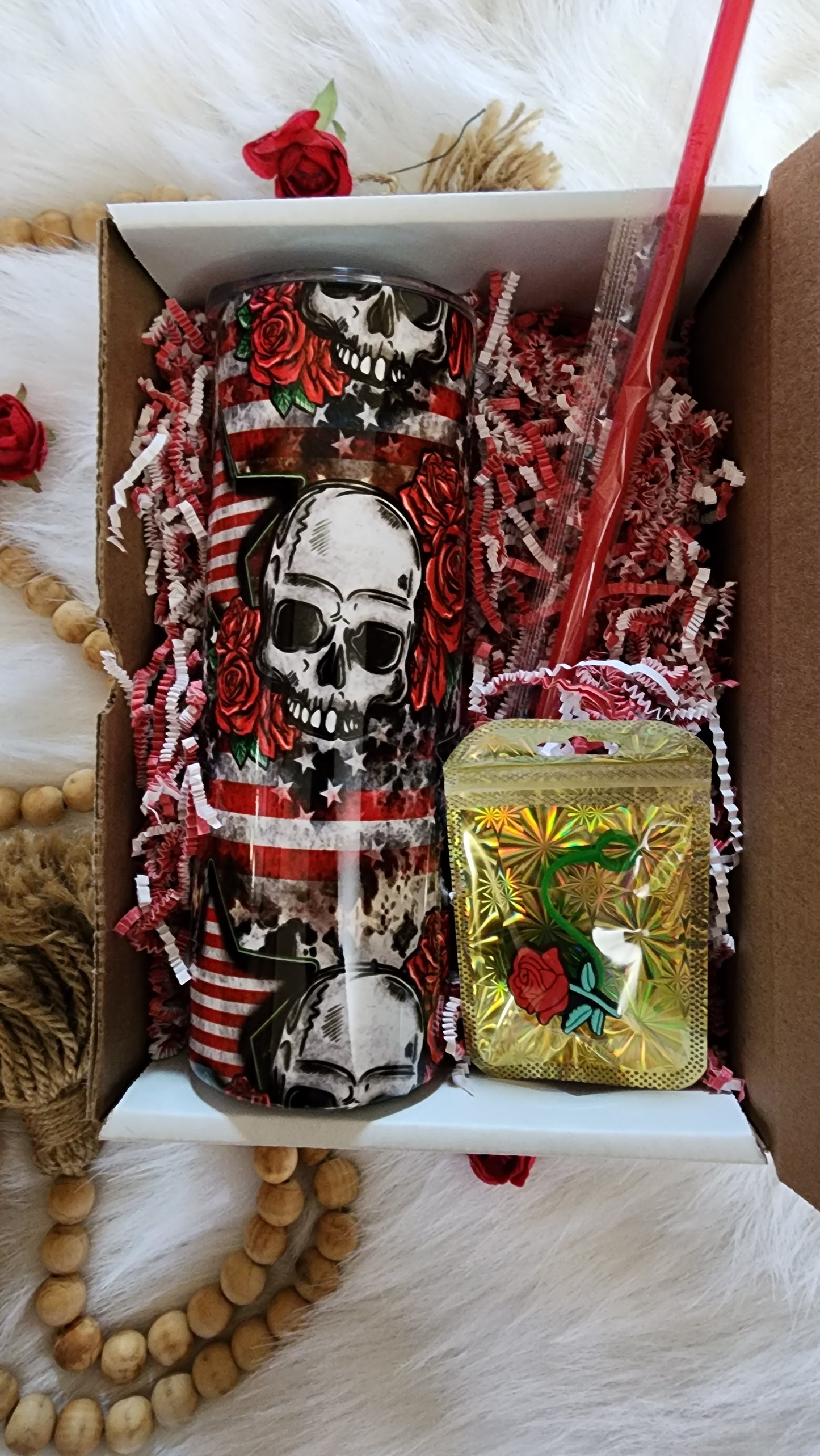 20oz Roses & Skull Stainless Steel Double Walled Tumbler (Gift Box Set)