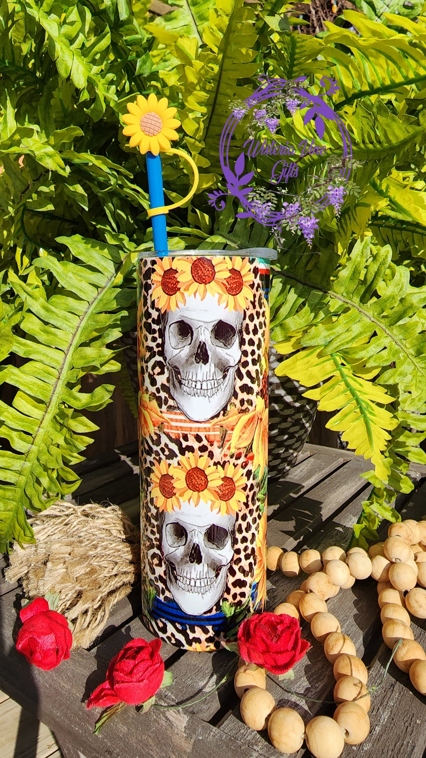 20oz Sunflowers & Skulls Stainless Steel Double Walled Tumbler Gift Set