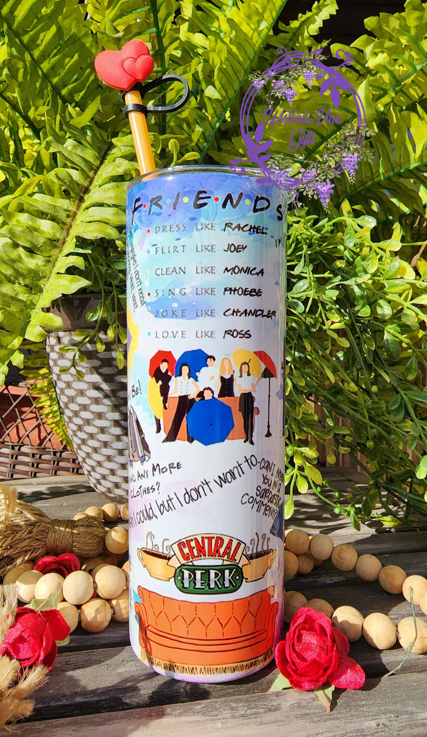 20oz FRIENDS Collage Stainless Steel Double Walled Tumbler (w/clear plastic straw)