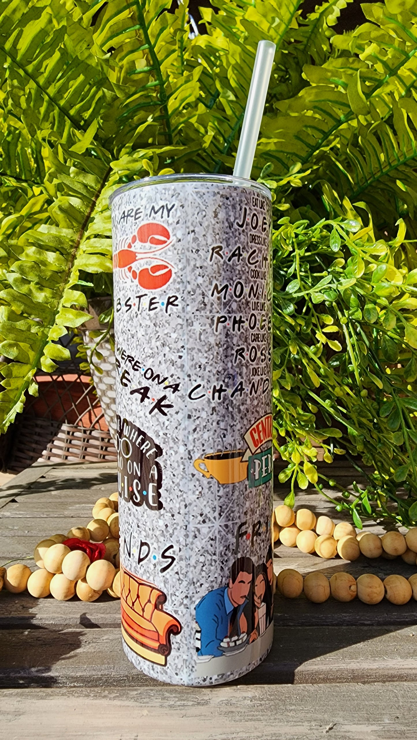 20oz FRIENDS Collage Stainless Steel Double Walled Tumbler (w/clear plastic straw)