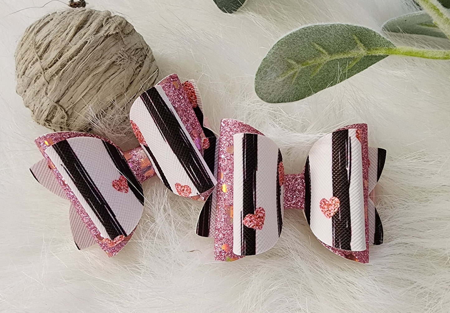 Pink Hearts & Pink Sparkle Glitter 3" Faux Leather Alligator Ponytail Clips (set of 2)