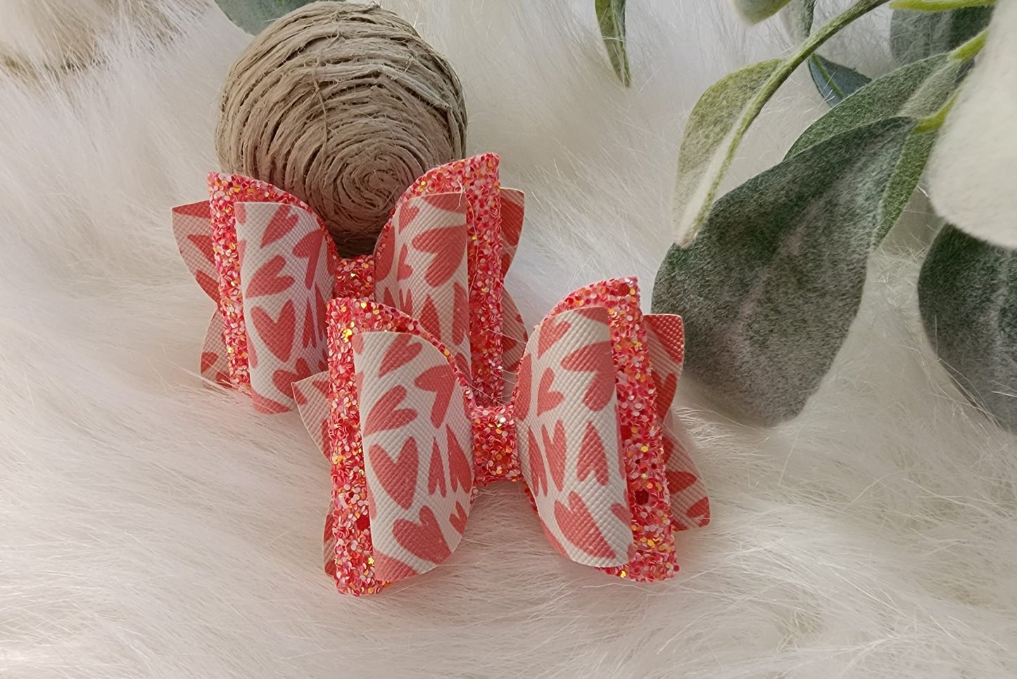 Pink Hearts & Faux Glitter 3" Hair Bow Alligator Clips (set of 2)