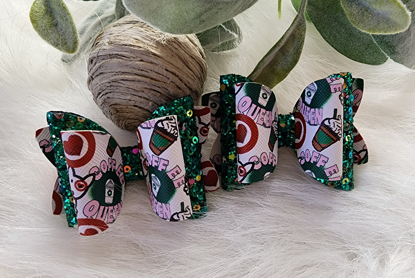 Coffee Lovers Target Shoppers & Glitter 3" Hair Bow Alligator Clips (set of 2)